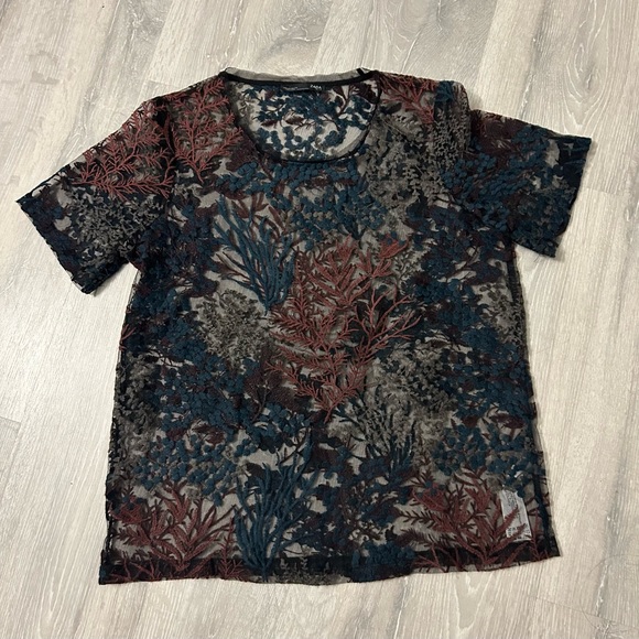 Zara WB Women’s Size S Black Mesh Floral Embroidered Tulle Sheer Top - Picture 5 of 8